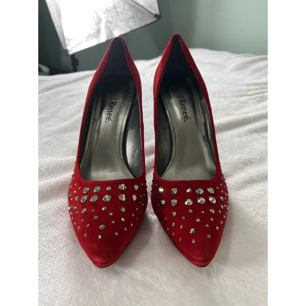 J. Renee Starlet Red Suede Studded Pumps Heels‎ Size 9M Silver Studs Platform